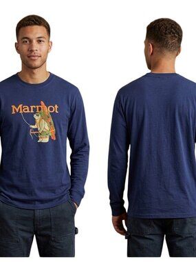 Marmot Mountain Work Mens T-Shirt Large Blue Long Sleeve Marmot Bear Graphic Tee